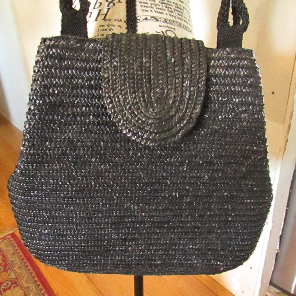 Black Straw Hand Woven Shoulder Bag